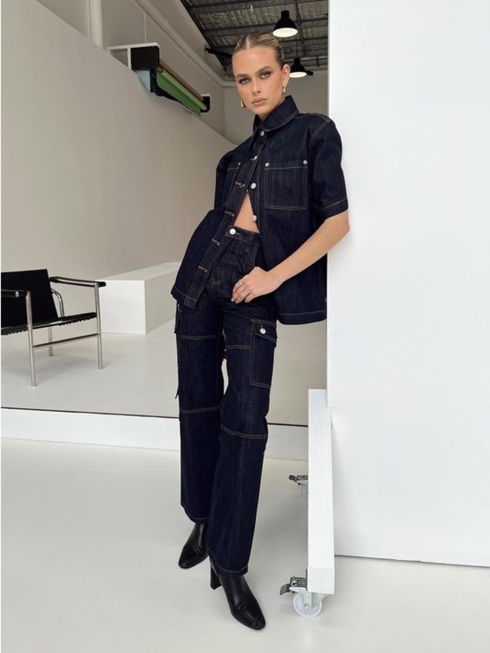 Princess Polly Dark Indigo Whitaker Wide-Leg Cargo Jeans Size 4